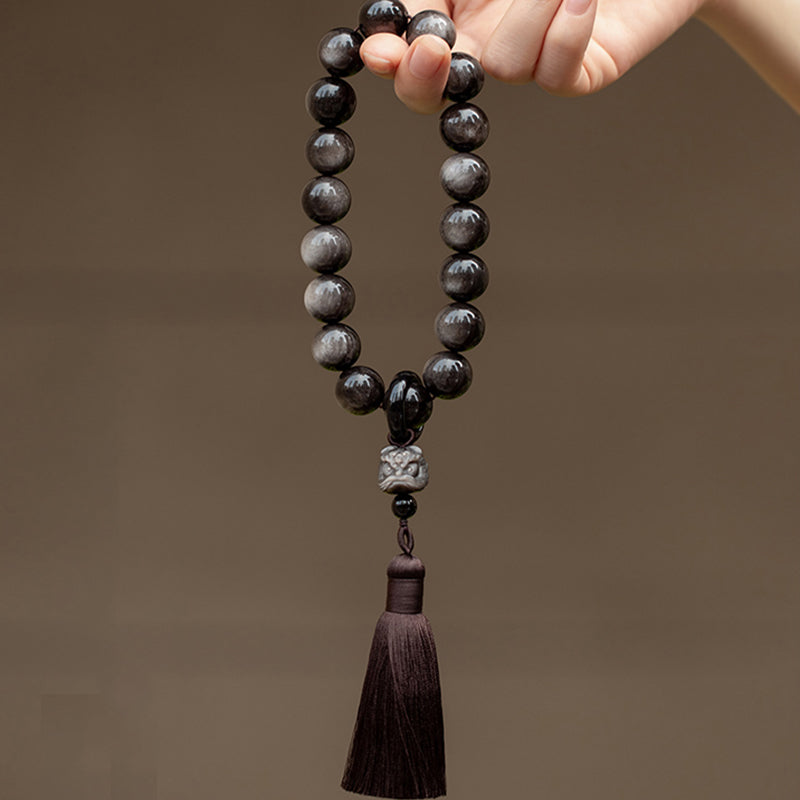 Buddha Stones Naturalny Srebrny Połysk Obsydian Czarny Obsydian Lew Mala Ochrona Nadgarstka Frędzle Kieszonkowa Mala Dekoracja Samochodu