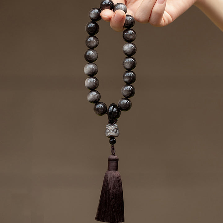 Buddha Stones Naturalny Srebrny Połysk Obsydian Czarny Obsydian Lew Mala Ochrona Nadgarstka Frędzle Kieszonkowa Mala Dekoracja Samochodu