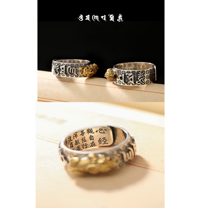 Buddha Stones Tybetańskie 990 Srebro Sterlingowe Om Mani Padme Hum PiXiu Dorje Wadżra Sutra Serca Grawerowany Pierścień Bogactwa