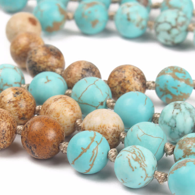 Buddha Stones 108 Mala Koraliki Turkusowy Obrazek Jaspis Mądrość Bransoletka Tassel