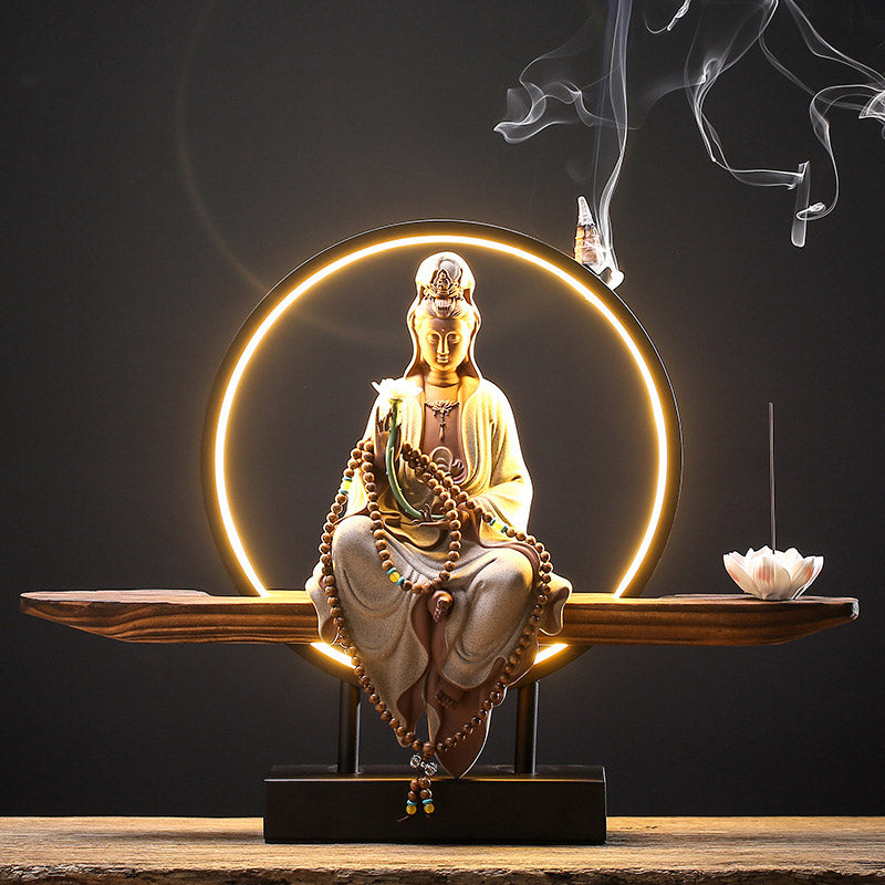 Buddha Stones Budda Awalokiteśwara Ceramiczny Lotos Relaksacyjny Kadzielnica Dekoracja - Lotos Awalokiteśwara Biały - image 0