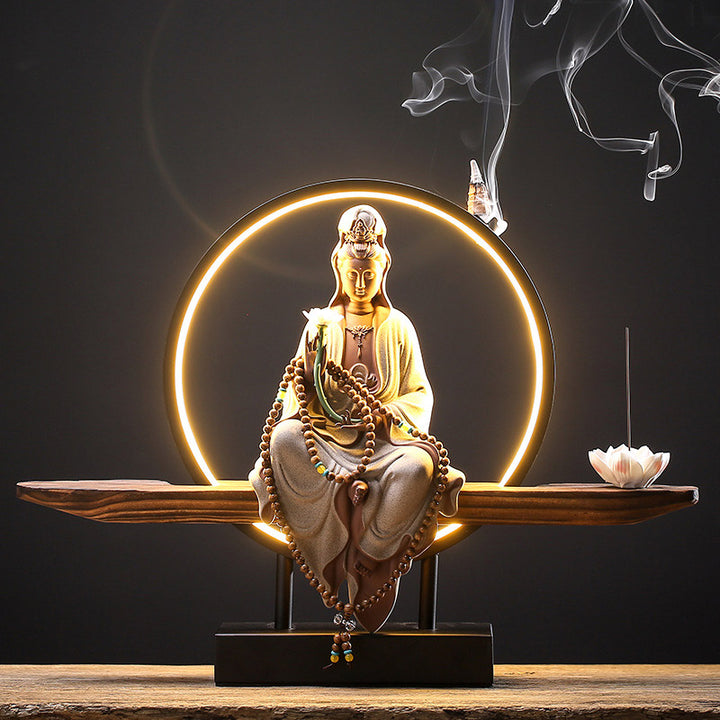 Buddha Stones Budda Awalokiteśwara Ceramiczny Lotos Relaksacyjny Kadzielnica Dekoracja - Lotos Awalokiteśwara Biały - image 0