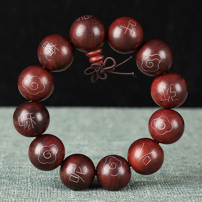 Buddha Stones 925 Srebro Inkrustowane Małymi Liśćmi Czerwonego Sandału Om Mani Padme Hum Charakter Pomyślne Chmury Bransoletka Ochronna