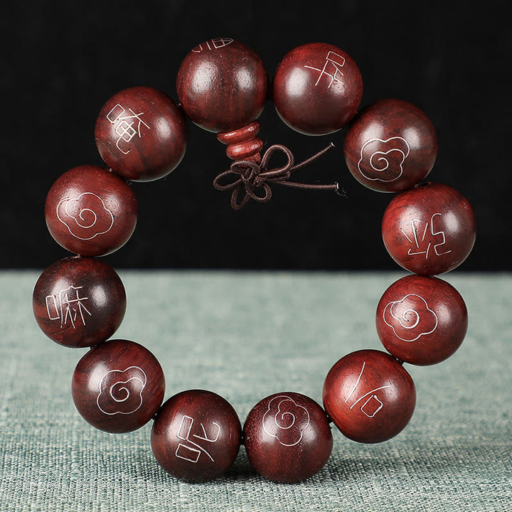 Buddha Stones 925 Srebro Inkrustowane Małymi Liśćmi Czerwonego Sandału Om Mani Padme Hum Charakter Pomyślne Chmury Bransoletka Ochronna