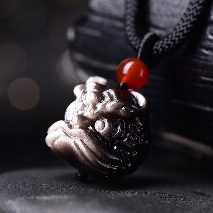 Buddha Stones Naturalny Srebrny Połysk Obsydian Tańczący Lew Naszyjnik Wisiorek Ochrona