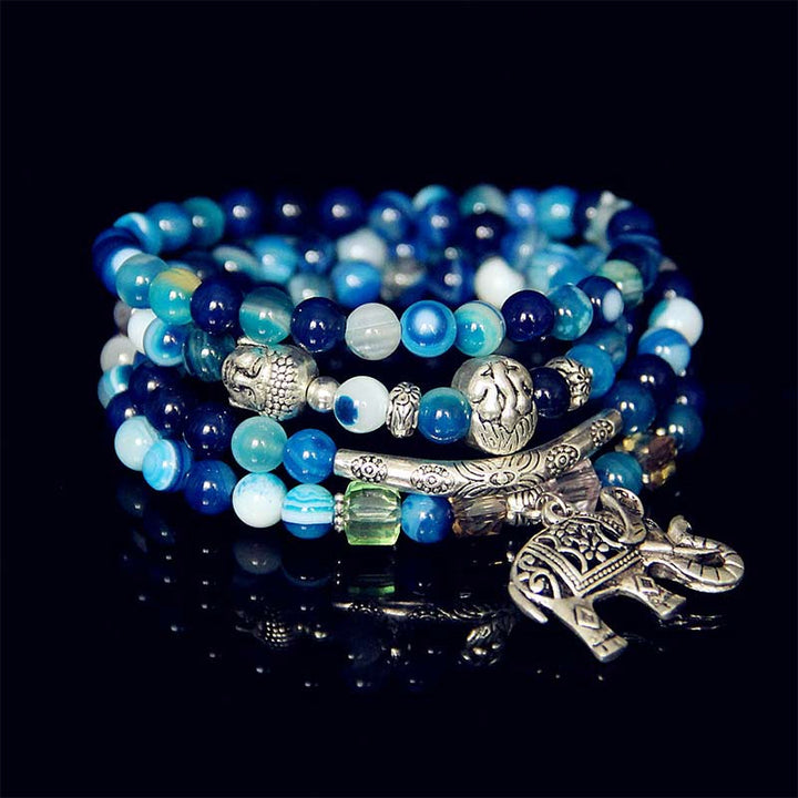 Buddha Stones Bransoletka z naturalnego agatu ze słoniem i nadzieją Buddy - Agat niebieski - image 0