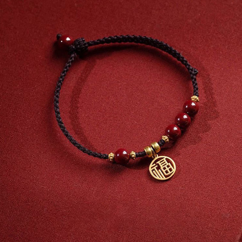 Buddha Stones Cynobrowe Koraliki Fu Charakter Urok Błogosławieństwo Bransoletka z Plecionego Sznurka
