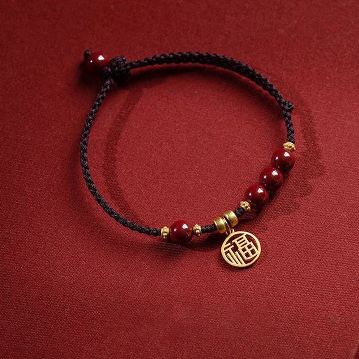 Buddha Stones Cynobrowe Koraliki Fu Charakter Urok Błogosławieństwo Bransoletka z Plecionego Sznurka