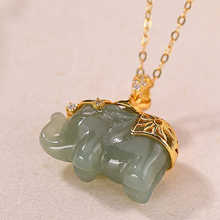 Buddha Stones 925 Srebro Sterlingowe Jade Elephant Blessing Fortune Naszyjnik Łańcuszek Wisiorek