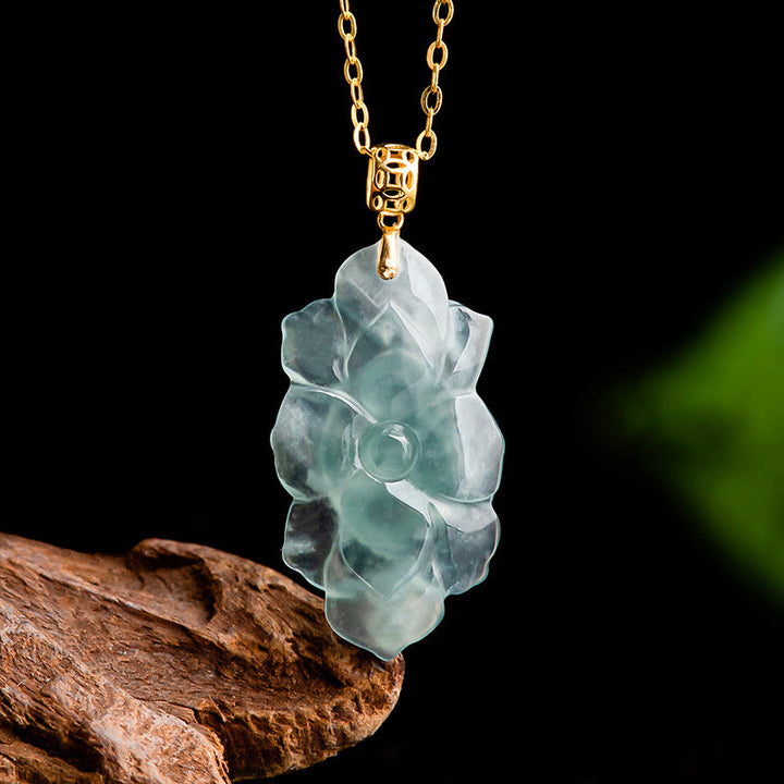 Buddha Stones 18K Złoto Naturalny Jadeit Wzór Lotosu Naszyjnik Wisiorek Dobrobyt - image 5