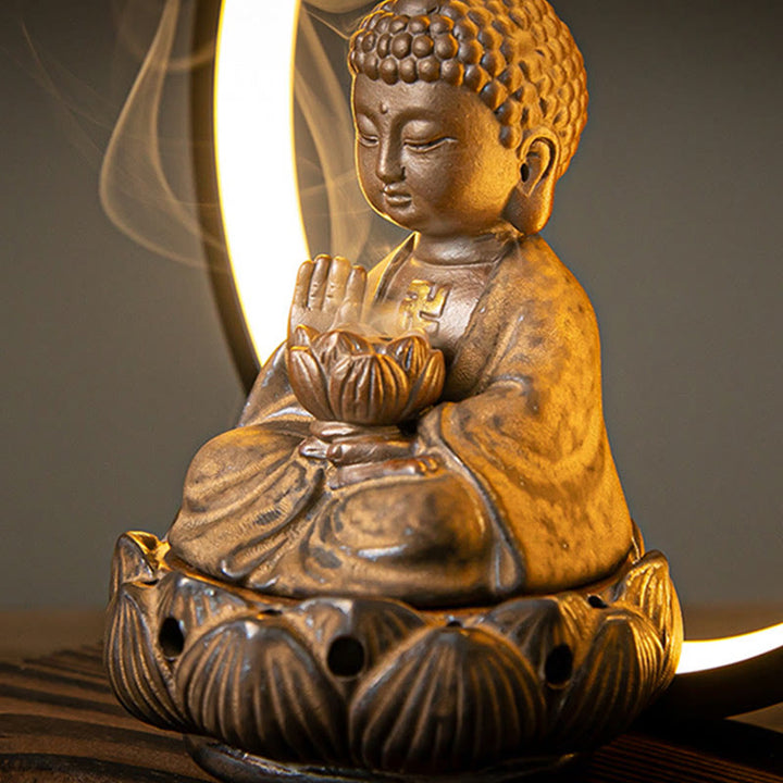 Buddha Stones Budda Lotos Cofający Dym Fontanna Ceramiczny Błogosławieństwo Kadzielnica Z Dekoracją Światła