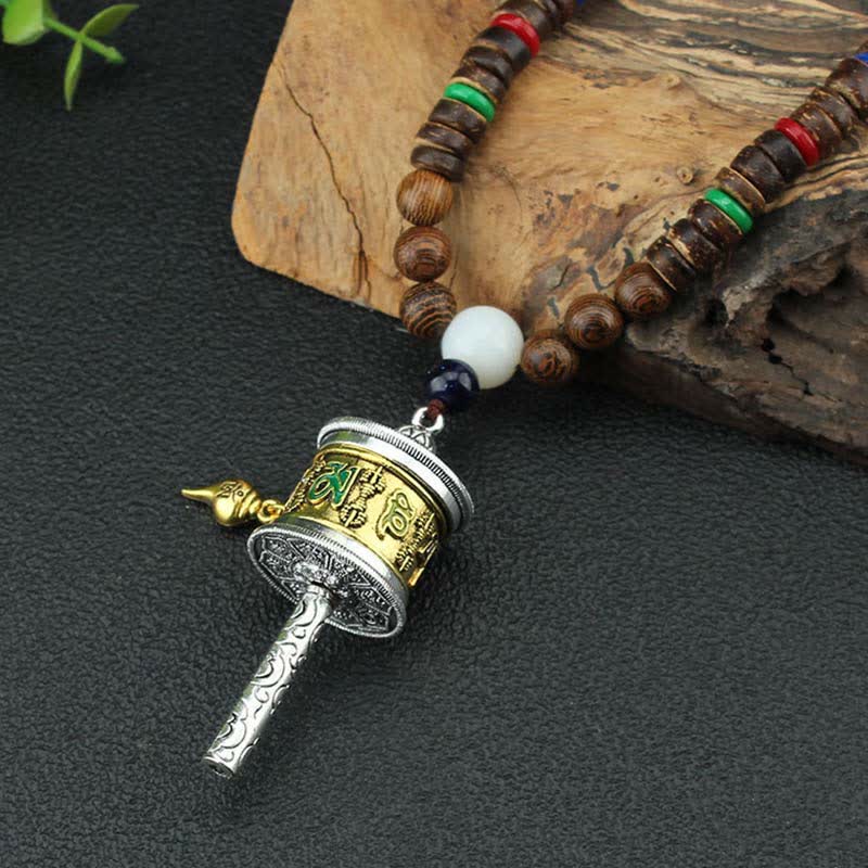 Buddha Stones Tybetańskie Om Mani Padme Hum Modlitewne Koło Obrotowe Naszyjnik Wisiorek z Drewna Vajra - image 5