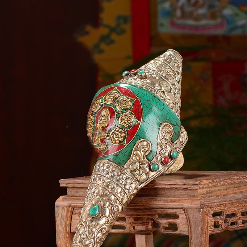 Tybetański ręcznie grawerowany Shankha Double Dorje Budda Conch Shell Wealth Pozytywna dekoracja