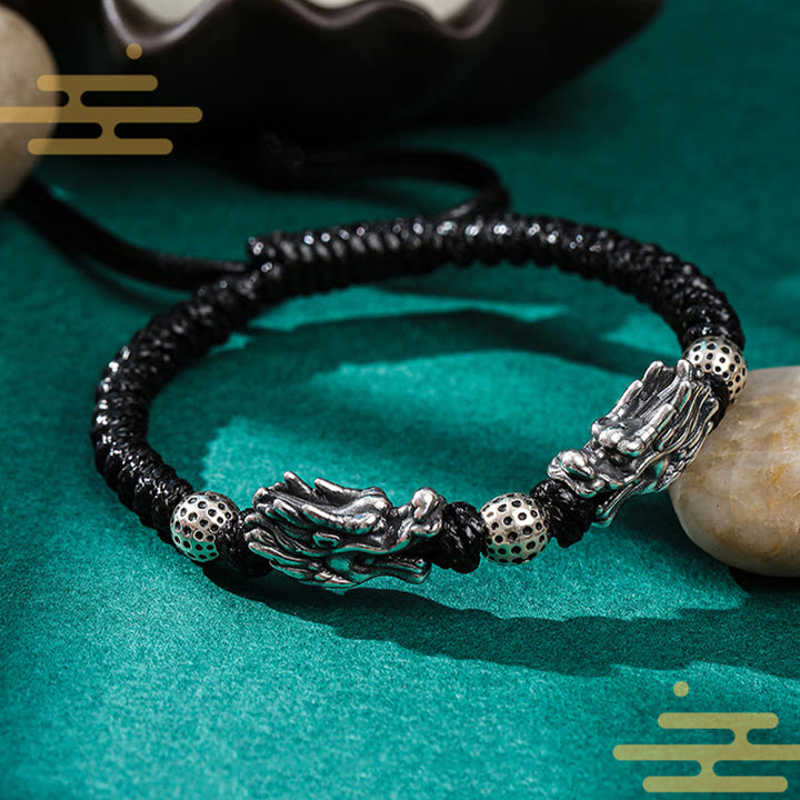Buddha Stones 999 Srebro Sterlingowe Podwójny Smok Szczęście Ręcznie Pleciona Bransoletka