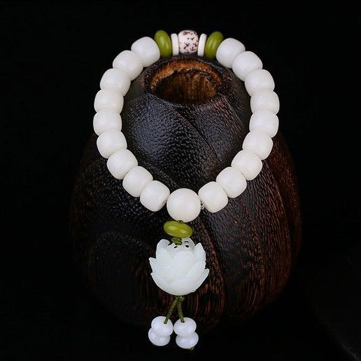 Bransoletka szczęścia z naturalnych białych nasion Bodhi z Buddha Stones Lotus