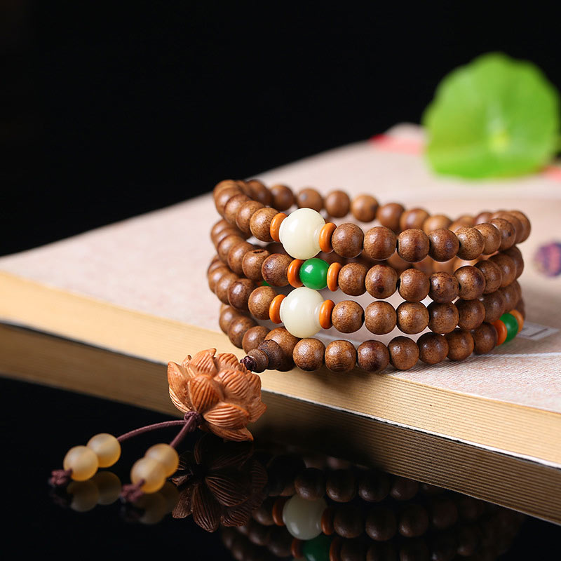 Buddha Stones 108 Mala Koraliki Brzoskwiniowe Drewno Bodhi Nasiona Lotosu Modlitwa Medytacja Bransoletka