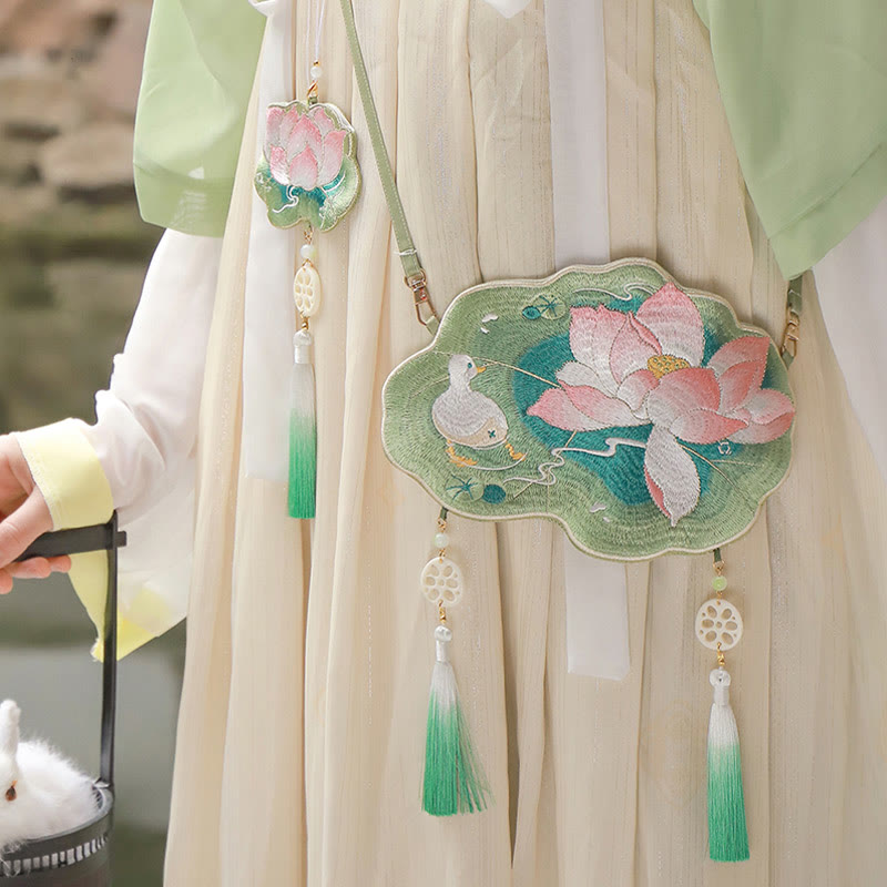 Buddha Stones Szczęście Haft Lotos Koi Ryba Królik Kwiat Hanfu Torba Crossbody Torba na Ramię
