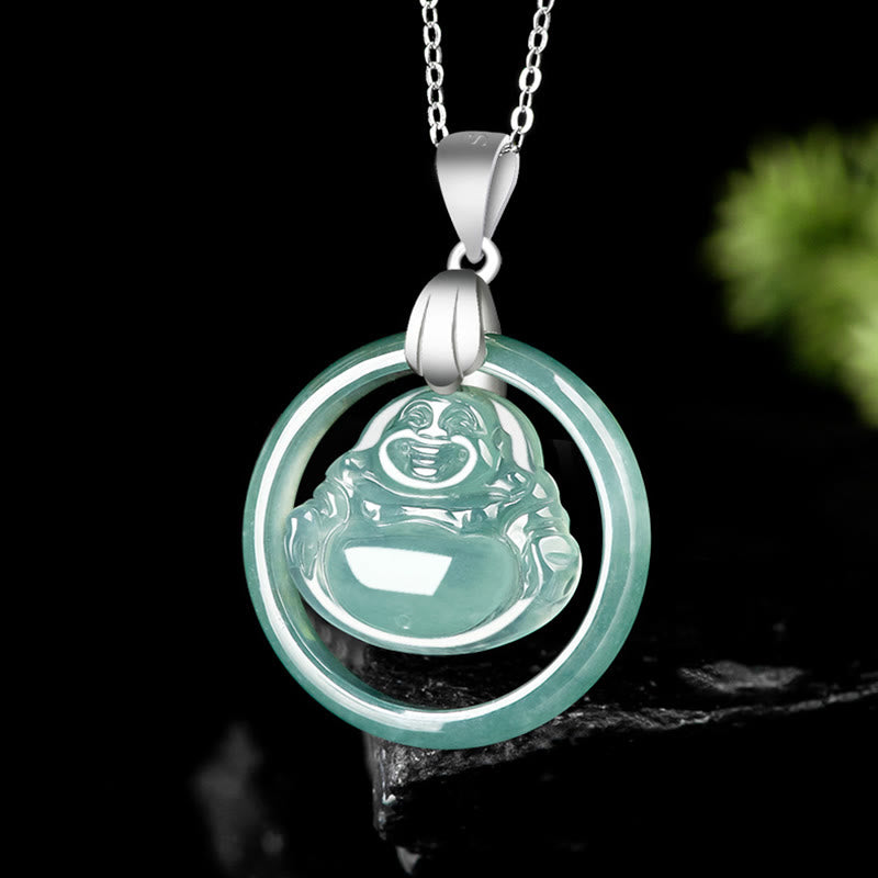 Buddha Stones 925 Srebro Sterlingowe Naturalny Jade Okrągły Śmiejący Się Budda Obfitość Naszyjnik Łańcuch Wisiorek
