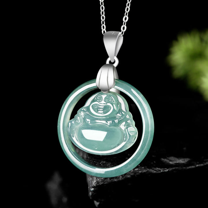 Buddha Stones 925 Srebro Sterlingowe Naturalny Jade Okrągły Śmiejący Się Budda Obfitość Naszyjnik Łańcuch Wisiorek