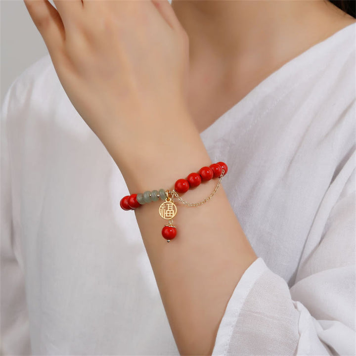 Bransoletka z Buddha Stones Cinnabar Uspicious Fu Character Jade Calm